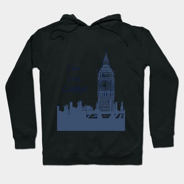 Live Love London Quote Big Ben Linocut Blue andWhite Hoodie by Maddybennettart